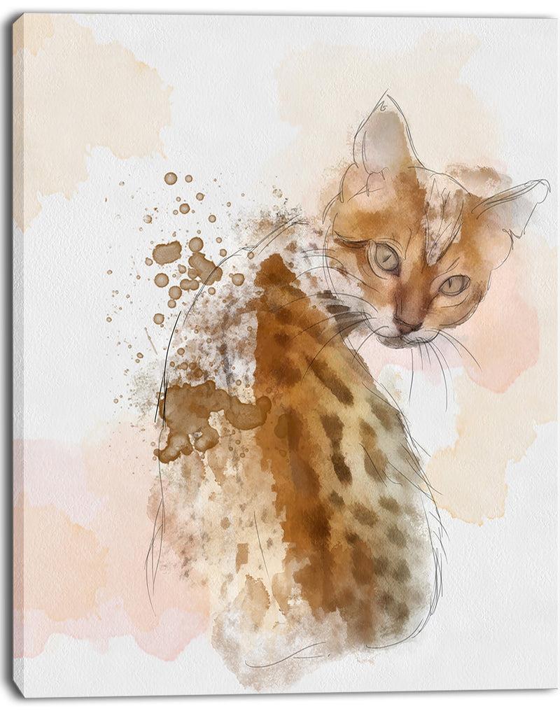 Designq Cute Cat Sketch With Brown Splashes - Modern Animal Canvas Wall Art