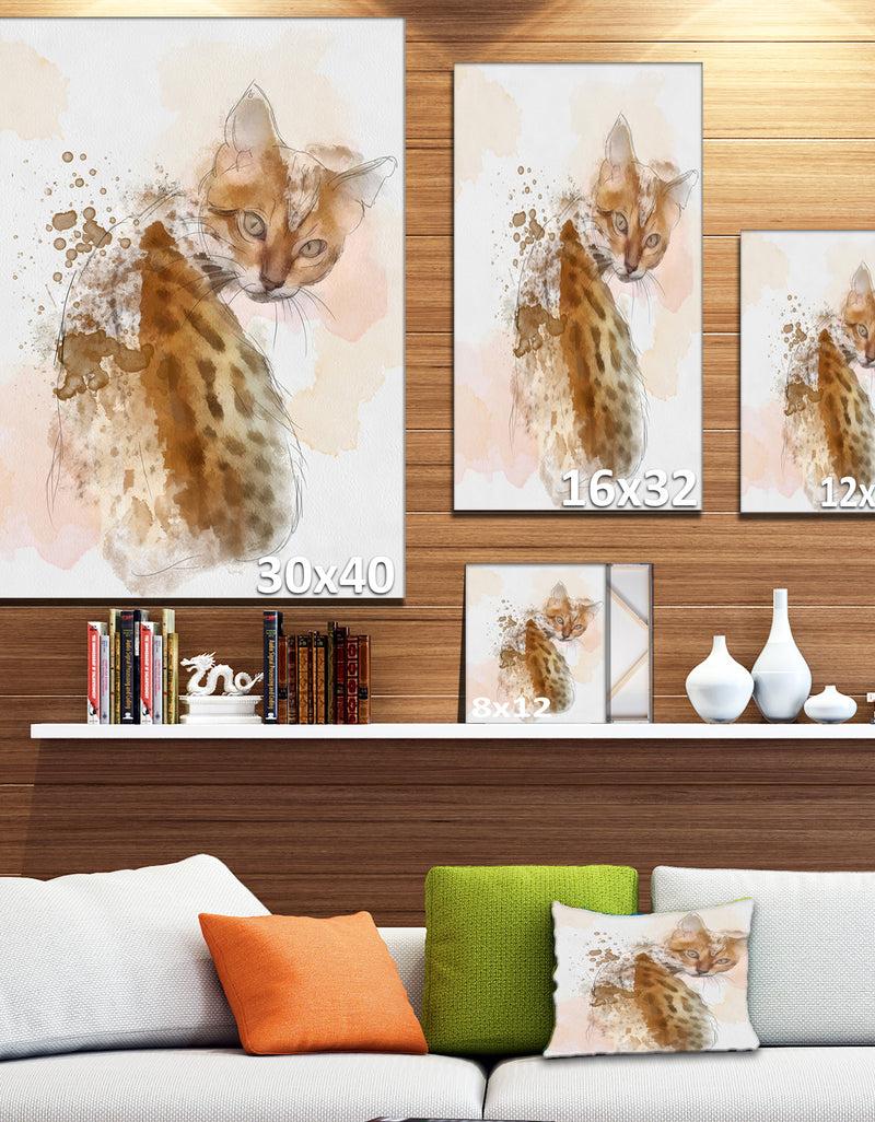 Designq Cute Cat Sketch With Brown Splashes - Modern Animal Canvas Wall Art