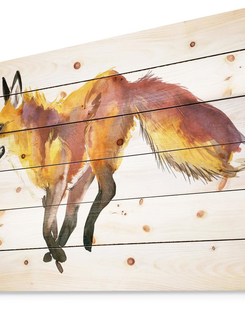 Designq Cute Fox Wtercolor Illustration - Animals Painting Print On Natural Pine Wood