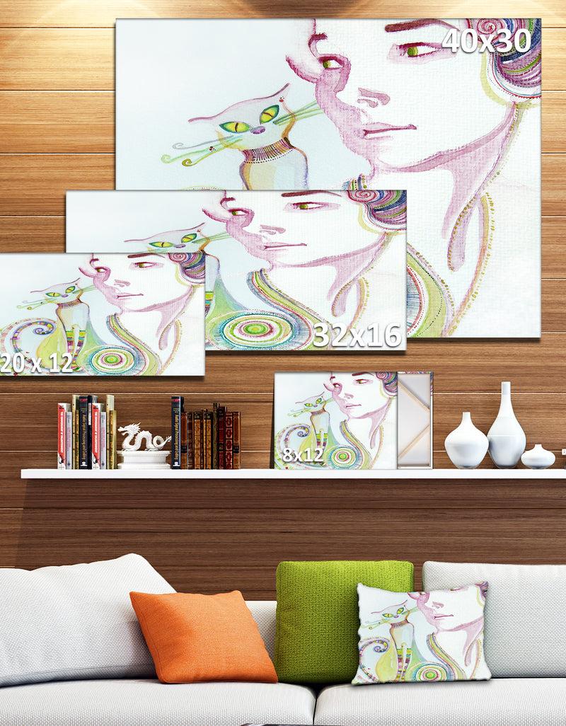 Designq Cute Girl With Cat - Portrait Painting Canvas Print