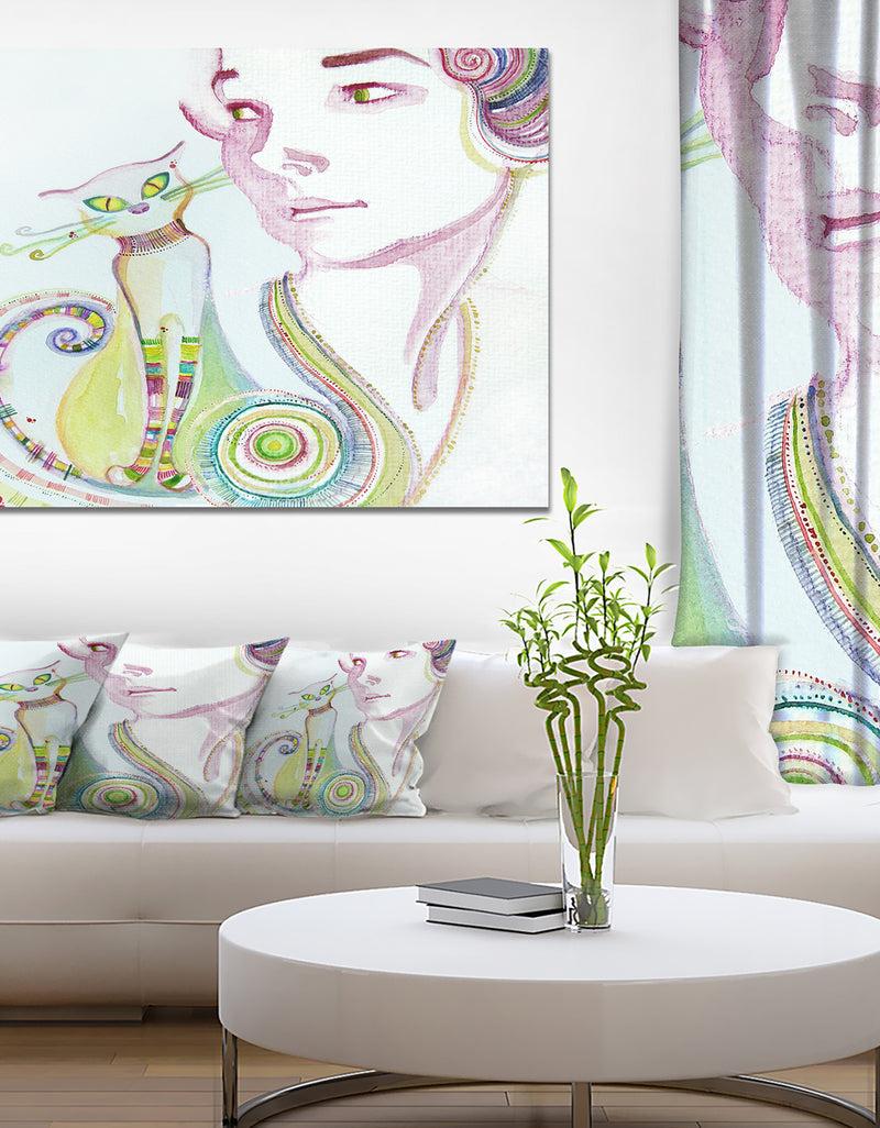designq Cute Girl with Cat - Portrait Painting Canvas Print