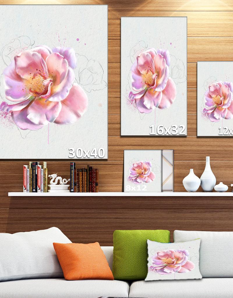 Designq Cute Watercolor Pink Rose Sketch - Flowers Canvas Wall Artwork