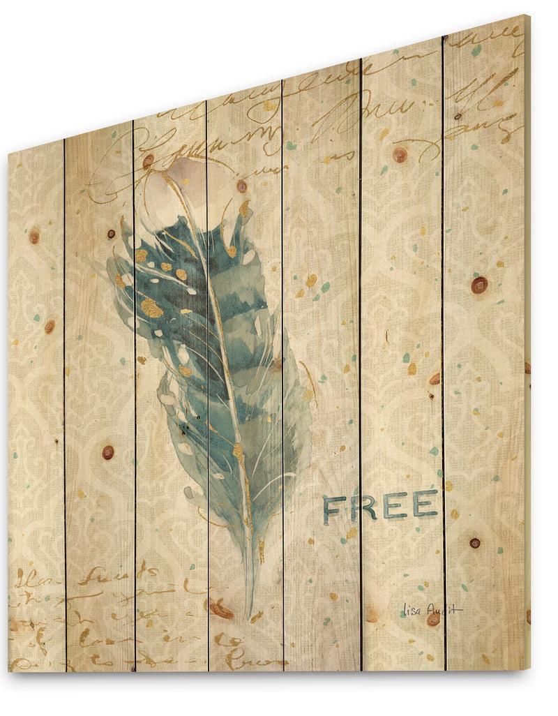 Designq Damask Painted Gilded Feather On Blue - Nautical & Coastal Print On Natural Pine Wood