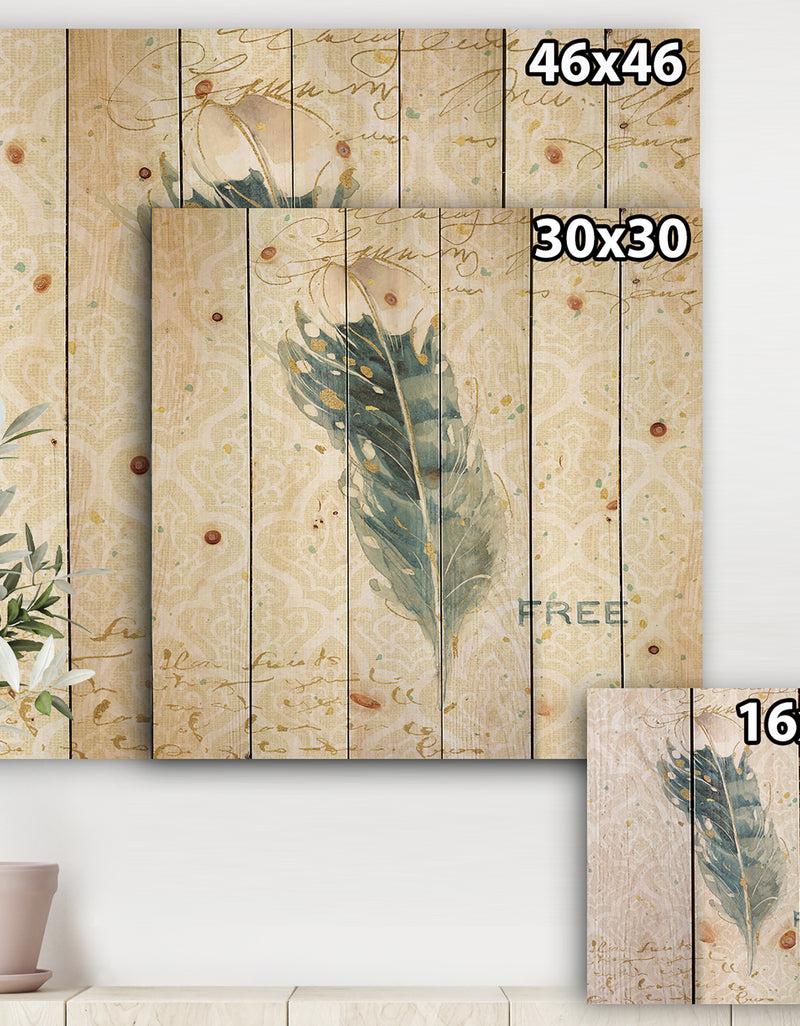 Designq Damask Painted Gilded Feather On Blue - Nautical & Coastal Print On Natural Pine Wood