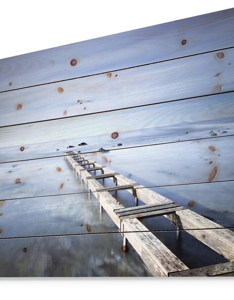 Designq Dark Blue Sky And Large Pier - Seascape Print On Natural Pine Wood