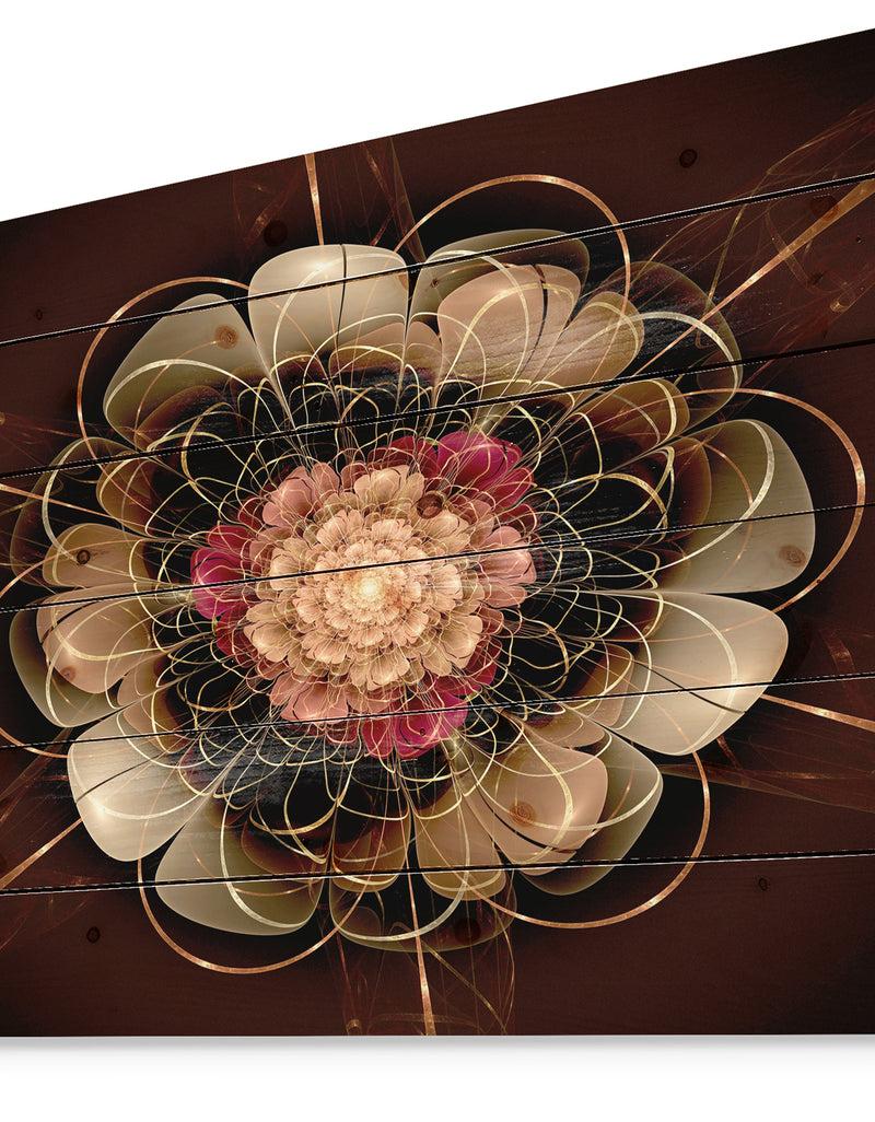 Designq Dark Gold Red Fractal Flower Pattern - Floral Print On Natural Pine Wood