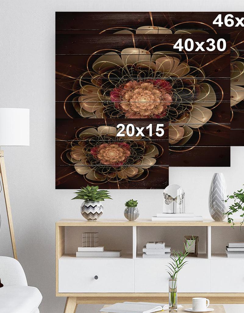 Designq Dark Gold Red Fractal Flower Pattern - Floral Print On Natural Pine Wood