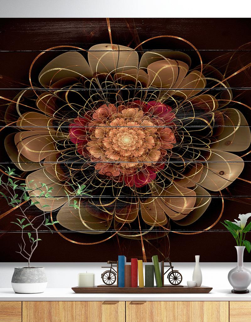 designq Dark Gold Red Fractal Flower Pattern - Floral Print on Natural Pine Wood