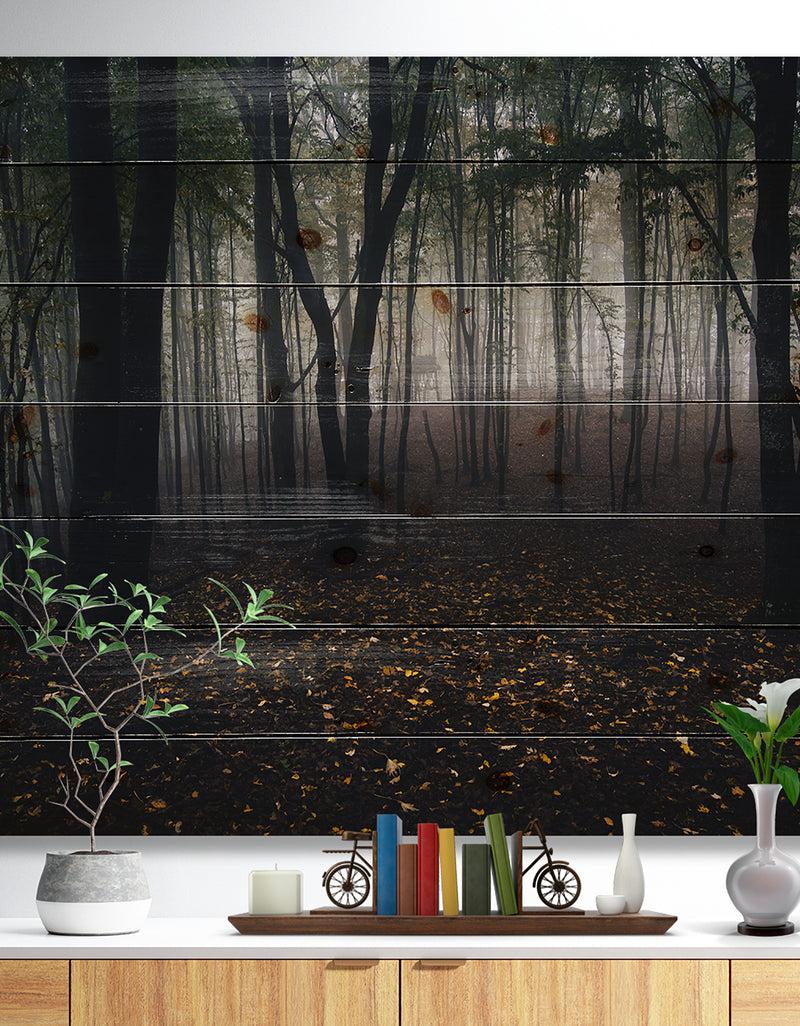 designq Dark Spooky Misty Wild Forest - Forest Print on Natural Pine Wood