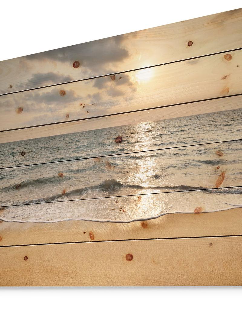 Designq Dark Tropical Sand Beach At Sunset - Modern Seascape Print On Natural Pine Wood