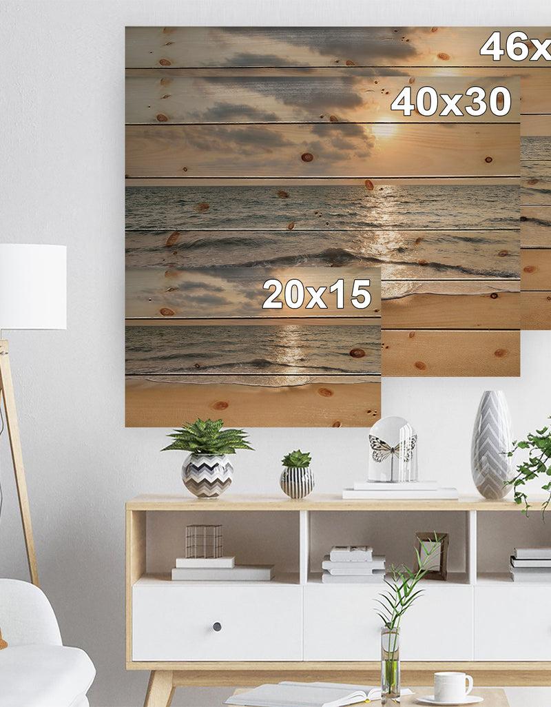 Designq Dark Tropical Sand Beach At Sunset - Modern Seascape Print On Natural Pine Wood