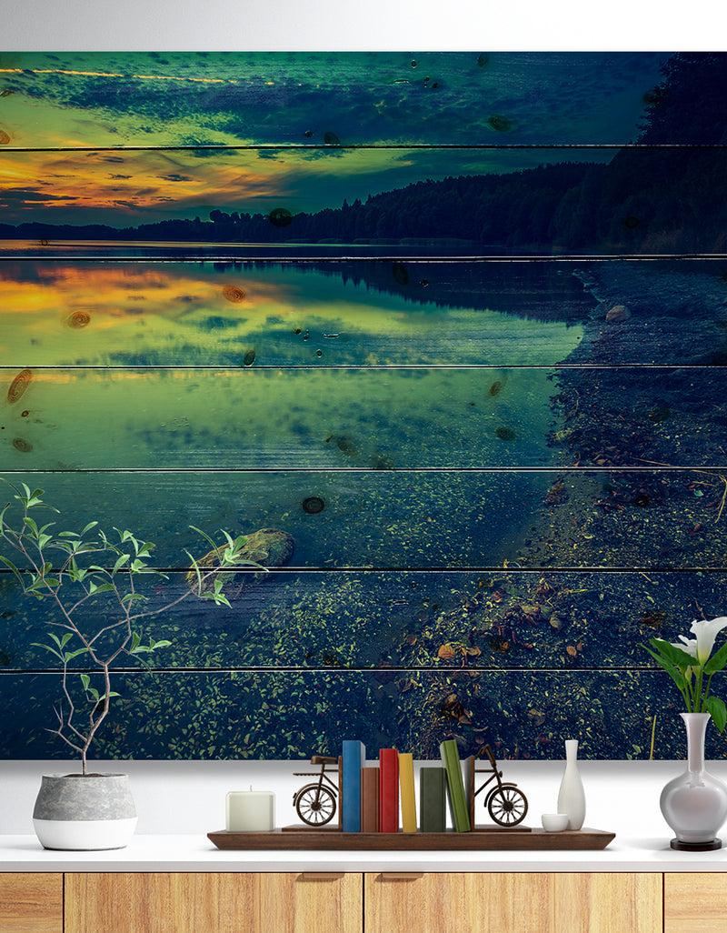designq Dark Vintage Lake at Sunset - Boat Print on Natural Pine Wood