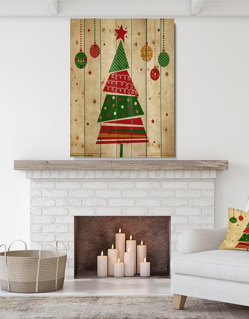 designq Deconstructed Abstract red and green Christmas Tree - Print on Natural Pine Wood