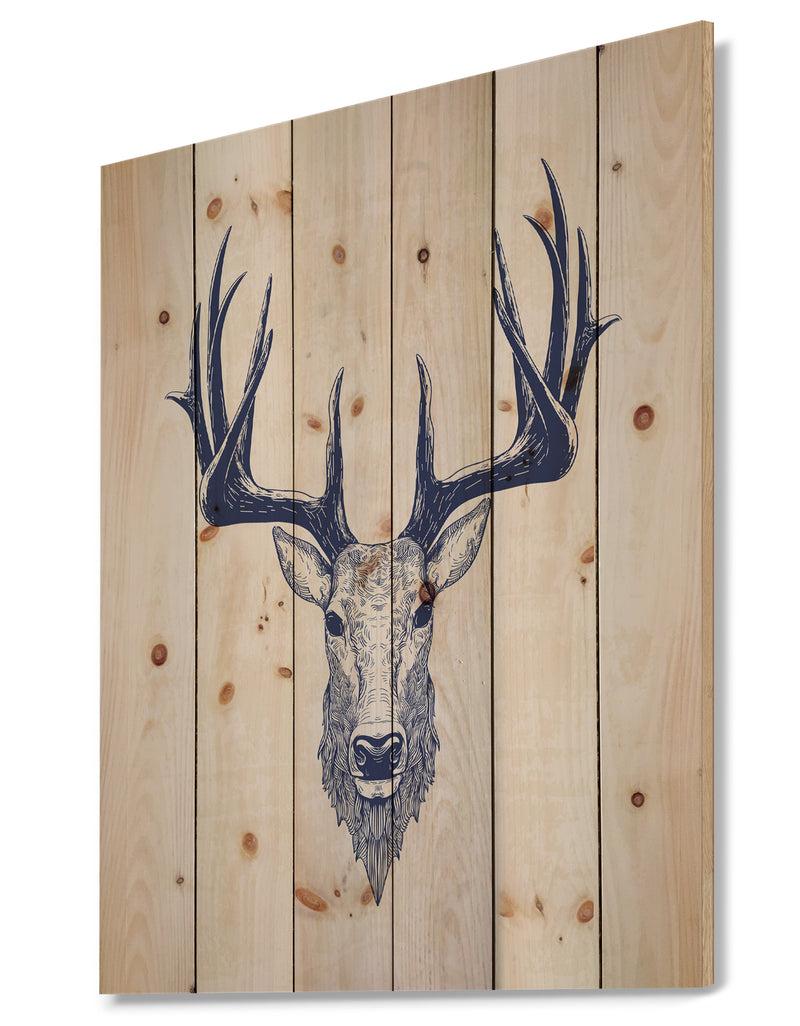 Designq Deer Head Portrait - Sketch Animals Painting Print On Natural Pine Wood