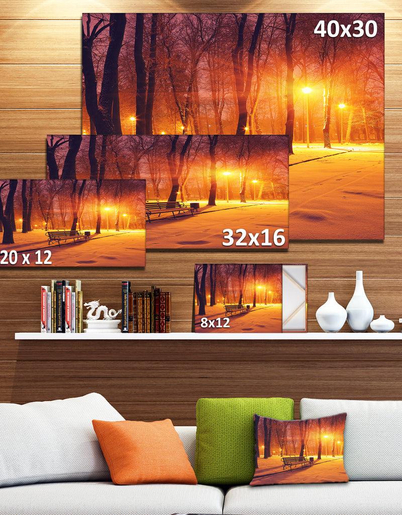 Designq Design Canvas Art Print 'Benches Covered In Winter Snow - Large Landscape Canvas Art Print