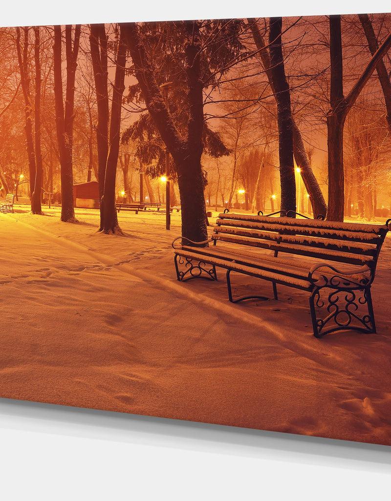 Designq Design Canvas Art Print 'Snow Covered Benches In Evening - Large Landscape Canvas Art Print