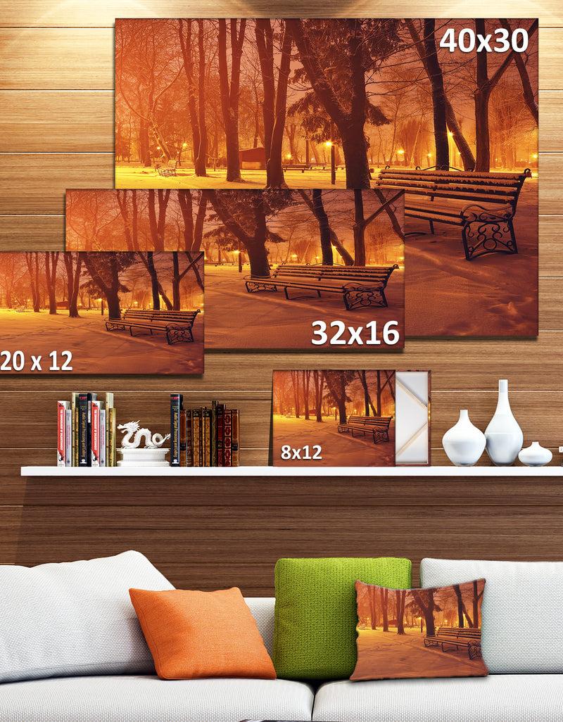 Designq Design Canvas Art Print 'Snow Covered Benches In Evening - Large Landscape Canvas Art Print