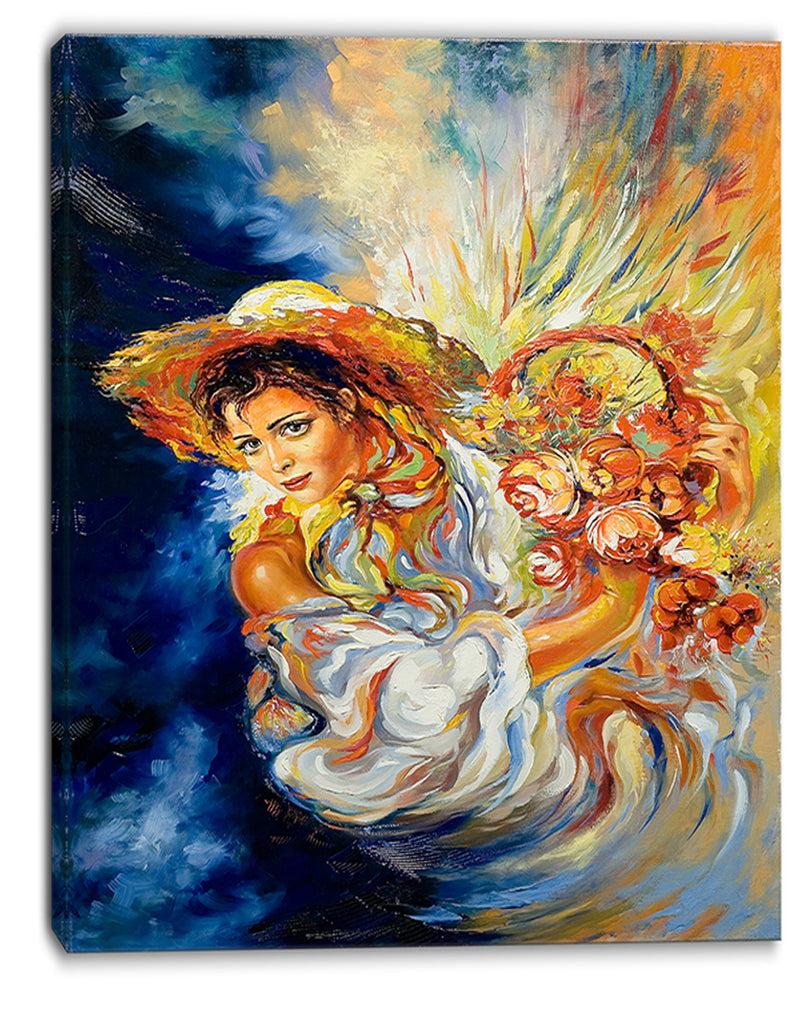 Designq Girl With Flowers - Floral Canvas Art Print
