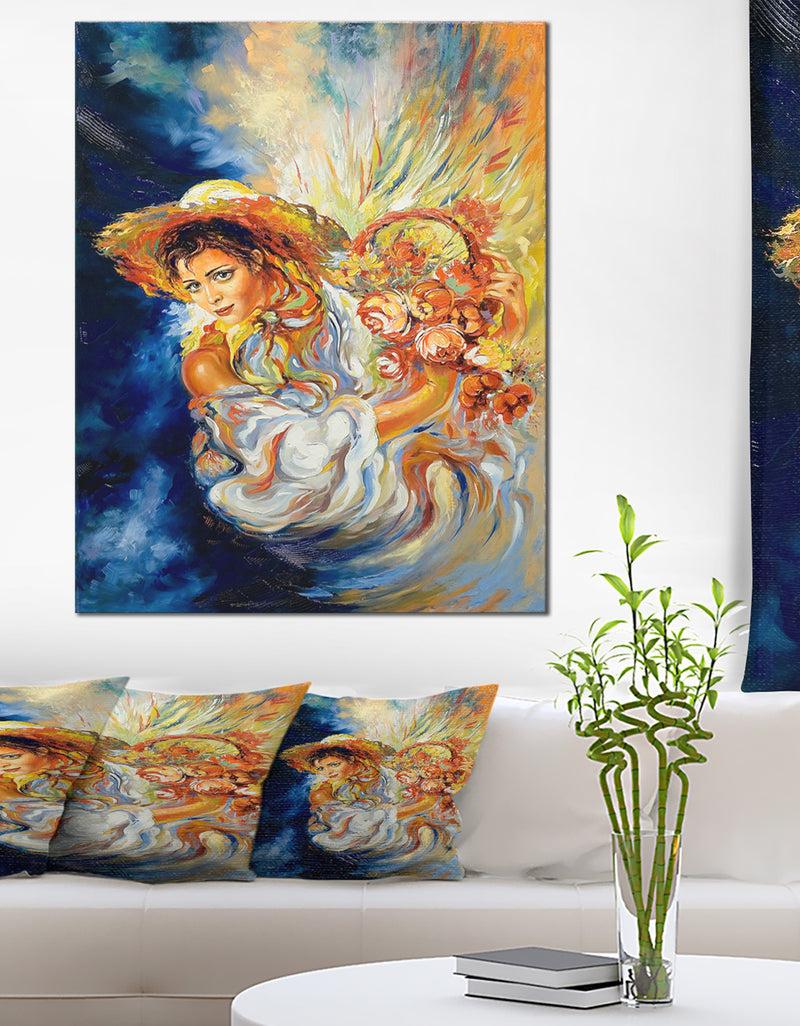 designq Girl with Flowers - Floral Canvas Art Print