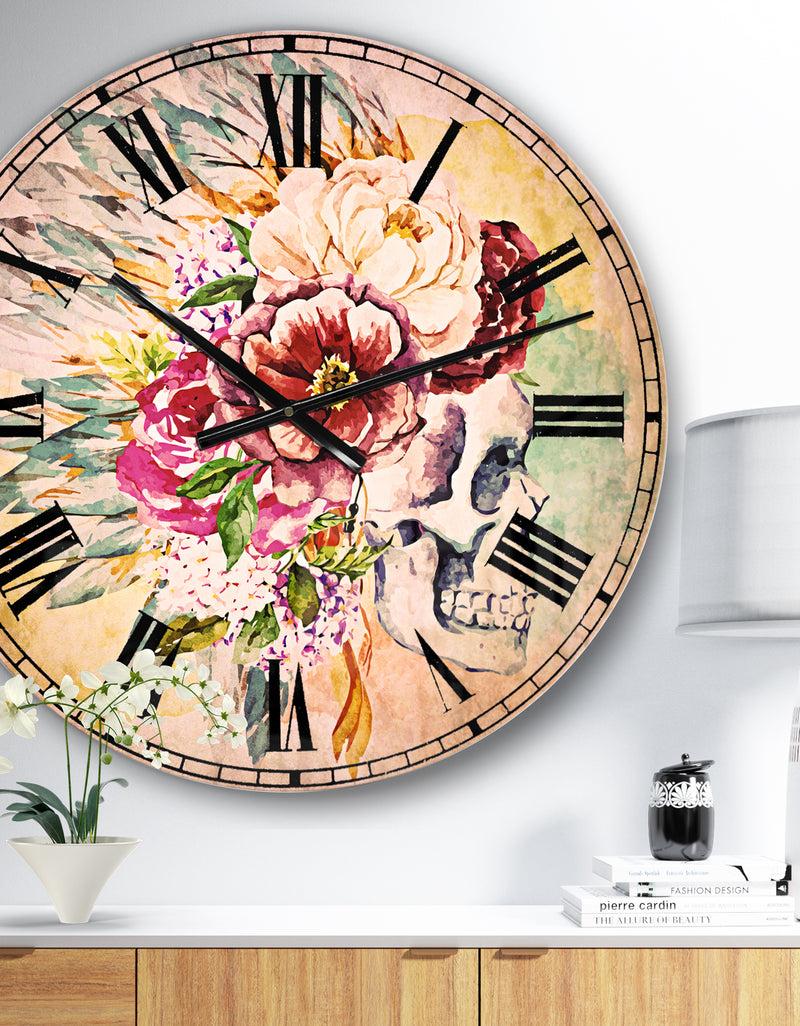 designq Skull and Flowers - Floral Large Wall CLock