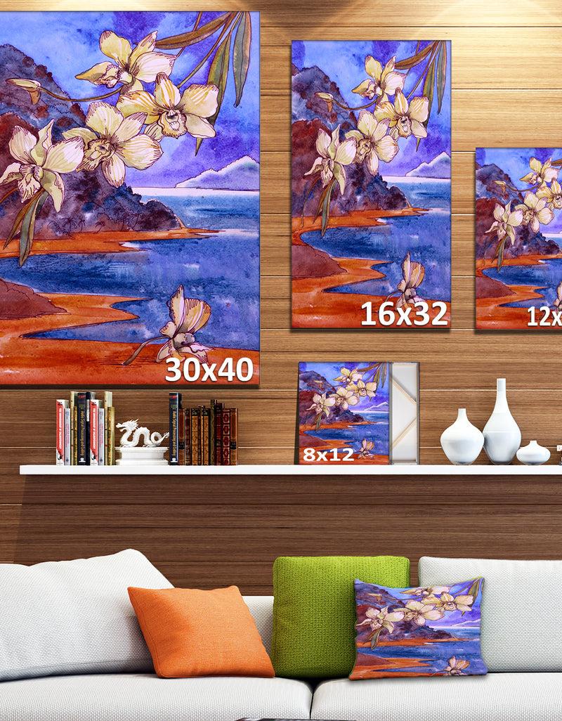 Designq White Orchid With Sea - Floral Canvas Print