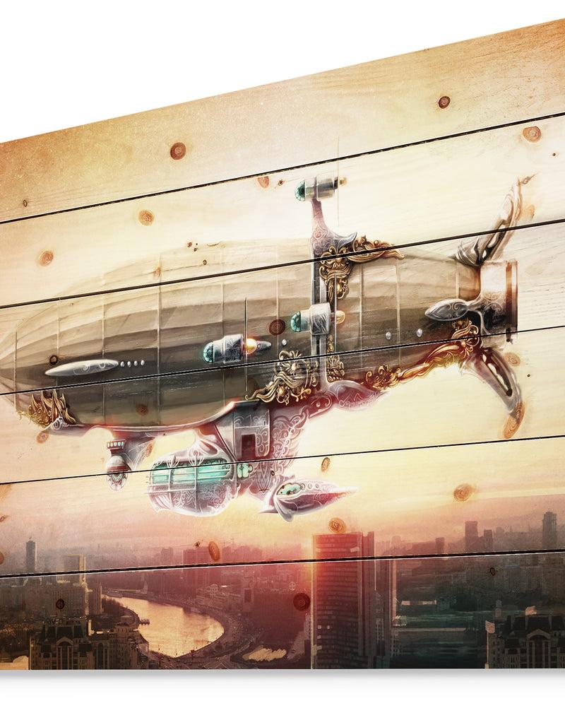 Designq Dirigible Balloon In Sky Over City - Abstract Print On Natural Pine Wood