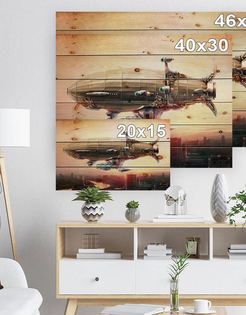 Designq Dirigible Balloon In Sky Over City - Abstract Print On Natural Pine Wood