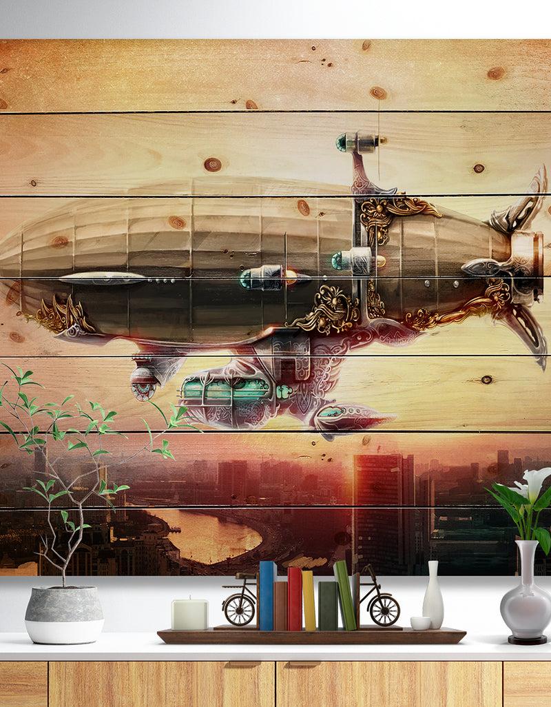 designq Dirigible Balloon in Sky over City - Abstract Print on Natural Pine Wood