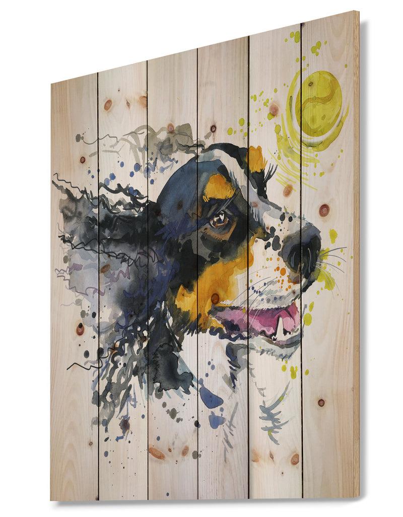 Designq Dog And Yellow Ball Watercolor - Abstract Print On Natural Pine Wood
