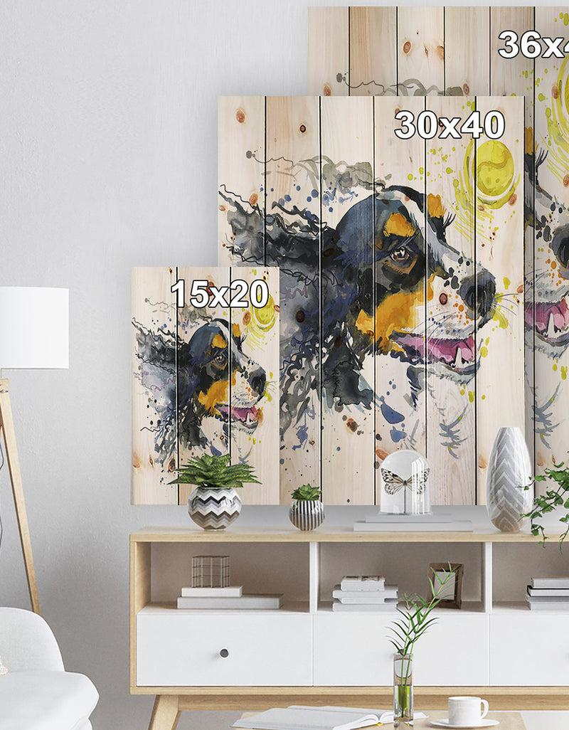 Designq Dog And Yellow Ball Watercolor - Abstract Print On Natural Pine Wood