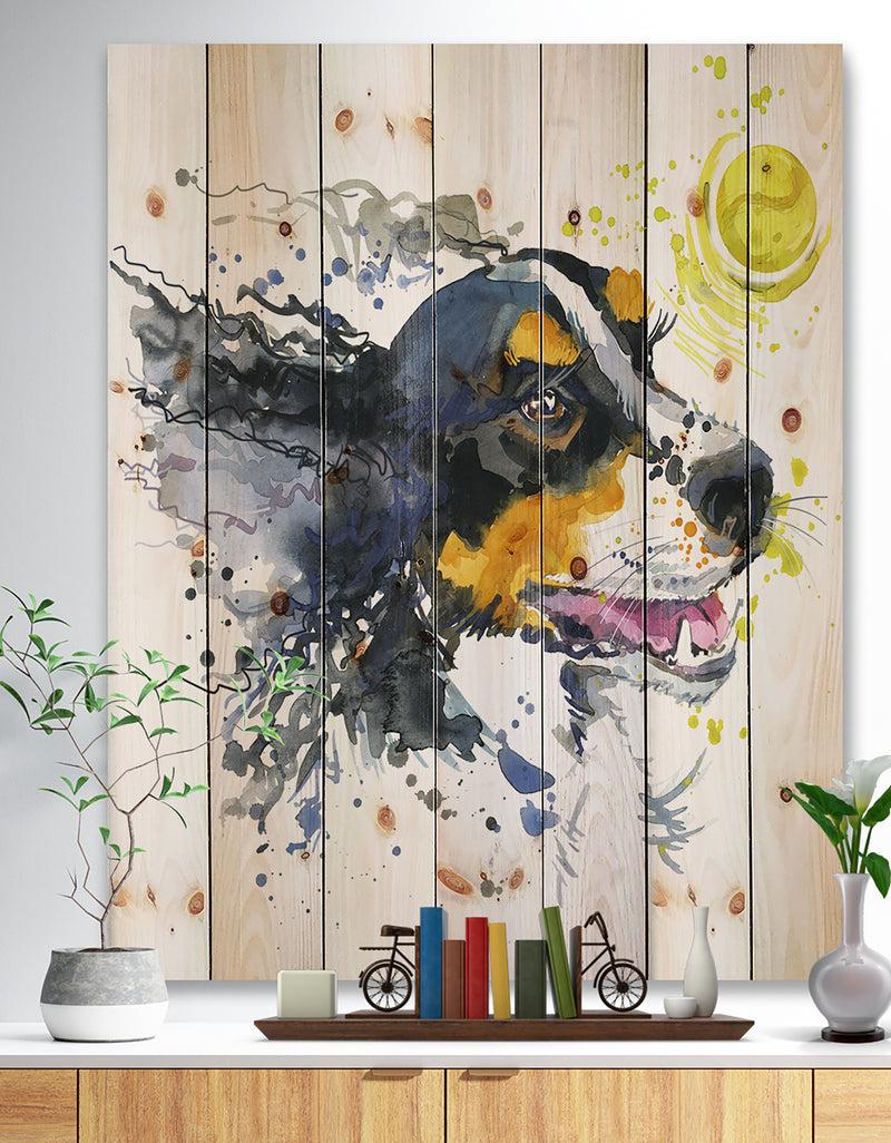 designq Dog and Yellow Ball Watercolor - Abstract Print on Natural Pine Wood