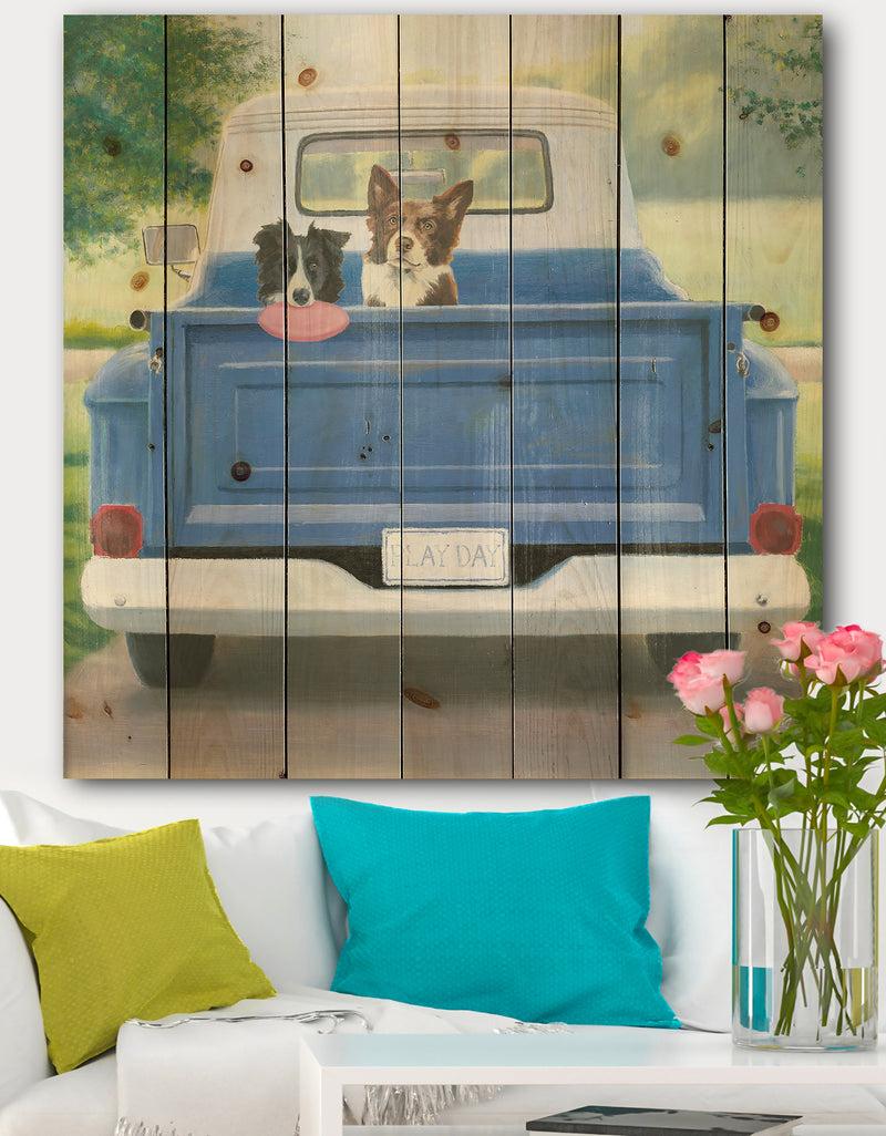 designq Dogs Play Day - Traditional Print on Natural Pine Wood