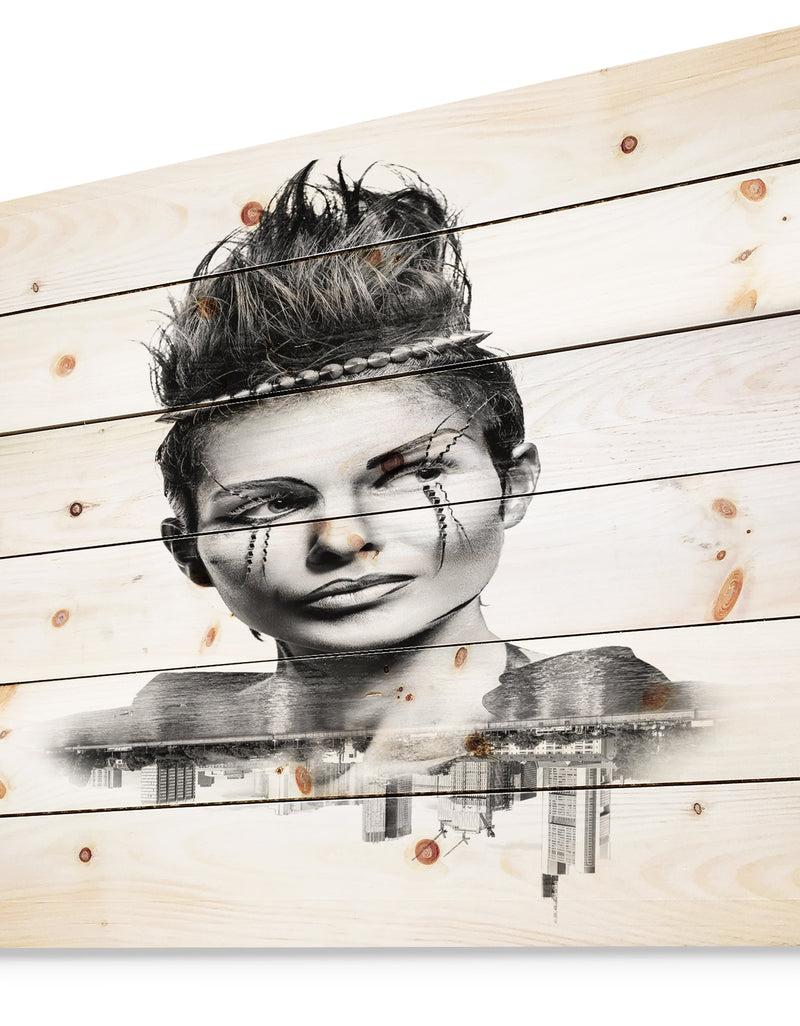 Designq Double Exposure Woman With Hair - Portrait Print On Natural Pine Wood