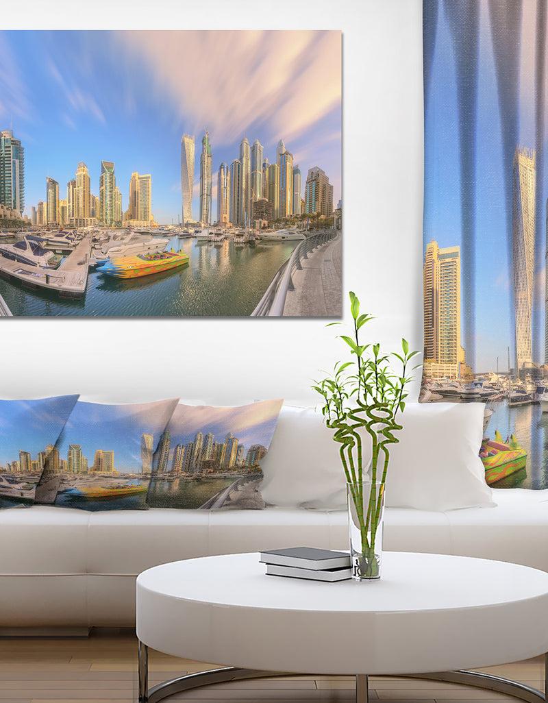 designq Dubai Marina UAE. Panoramic View in Cloudy sky - Cityscapes Photography on Wrapped Canvas