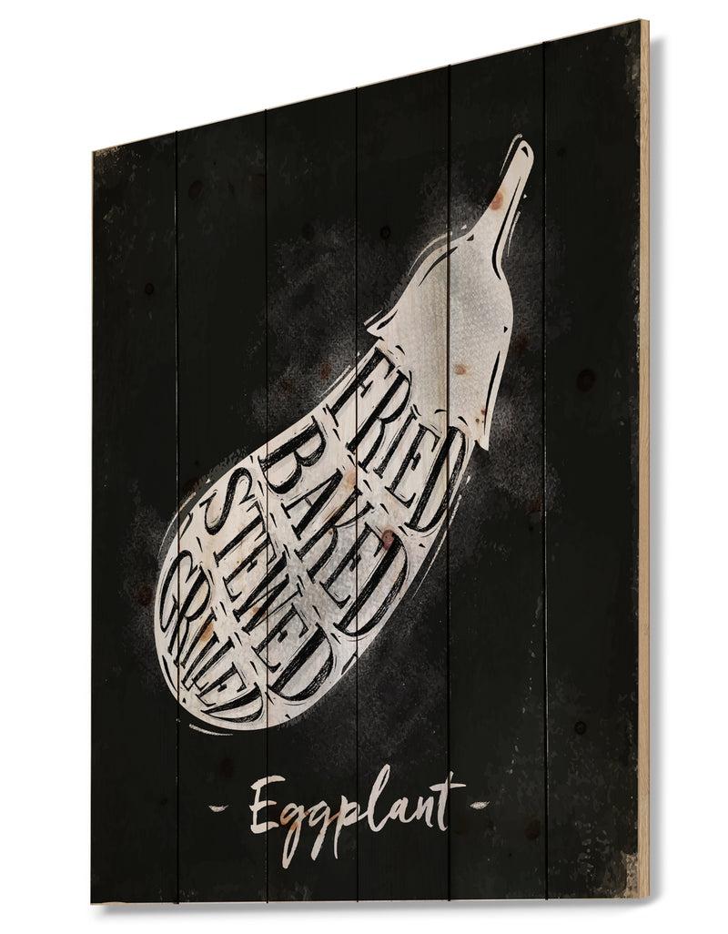 Designq Eggplant Cutting Scheme Chalk - Farmhouse Food Painting Print On Natural Pine Wood