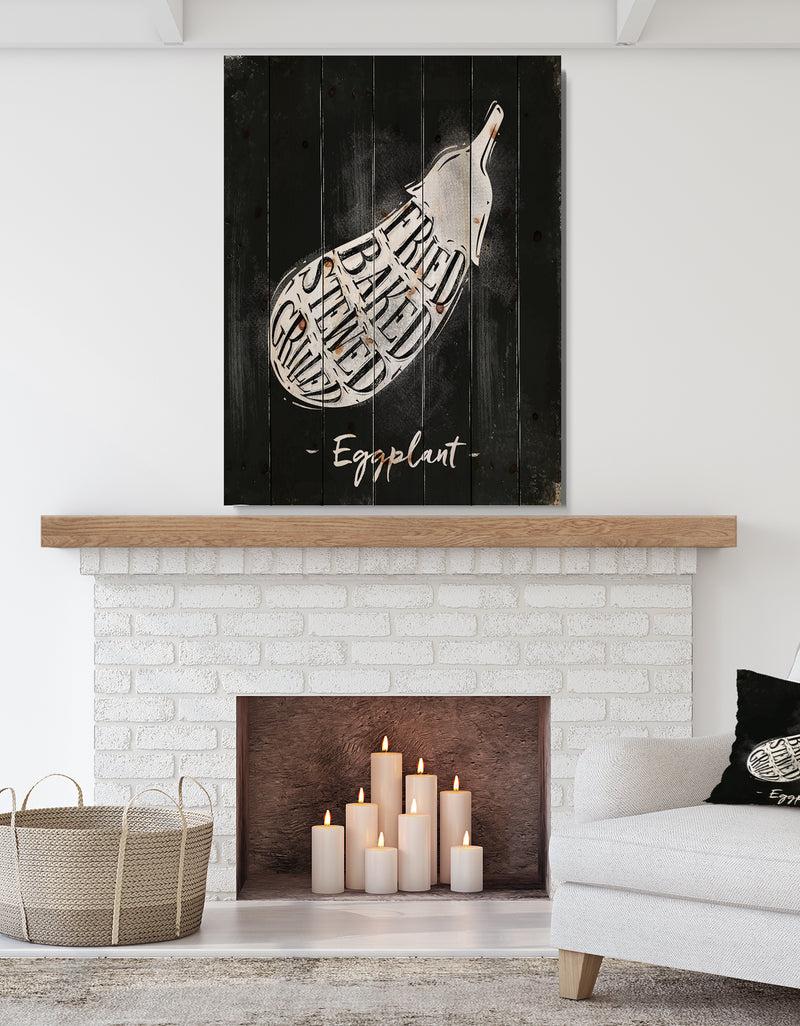 designq Eggplant cutting scheme chalk - Farmhouse Food Painting Print on Natural Pine Wood