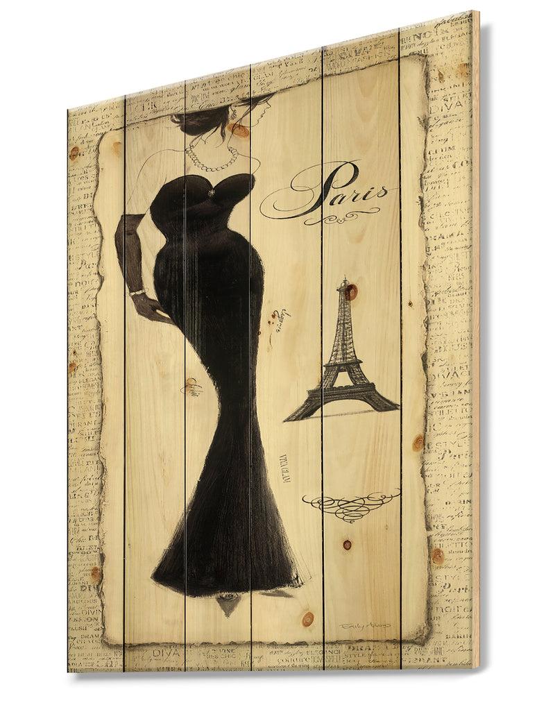 Designq Elegance Glam Paris Diva I - Fashion Print On Natural Pine Wood