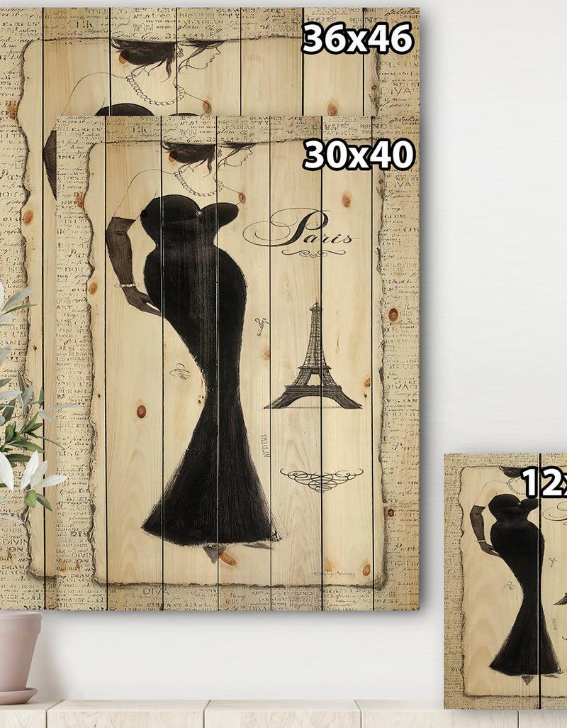 Designq Elegance Glam Paris Diva I - Fashion Print On Natural Pine Wood