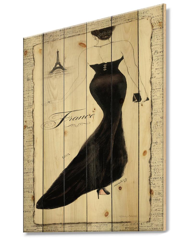 Designq Elegance Glam Paris Diva II - Fashion Print On Natural Pine Wood