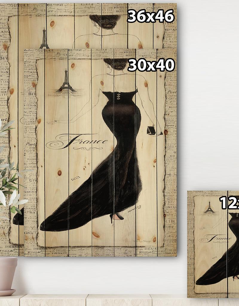 Designq Elegance Glam Paris Diva II - Fashion Print On Natural Pine Wood