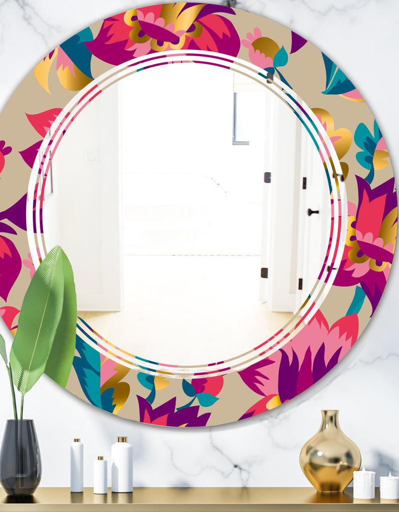designq Elegant blossom hand drawn folk pattern - Cottage Round or Oval Wall Mirror - Triple C