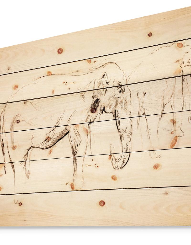 Designq Elephant Sketch - Animals Sketch Painting Print On Natural Pine Wood