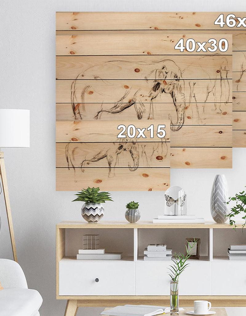 Designq Elephant Sketch - Animals Sketch Painting Print On Natural Pine Wood