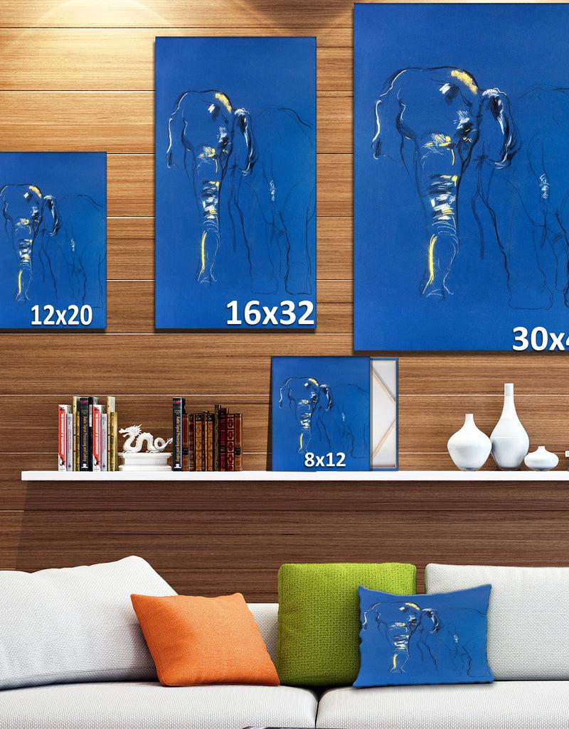 Designq Elephant Sketch In Blue Background - Animals Sketch Painting Print On Wrapped Canvas