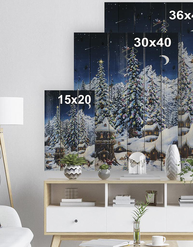 Designq Elf Houses Under Large Lighted Christmas Trees - Print On Natural Pine Wood