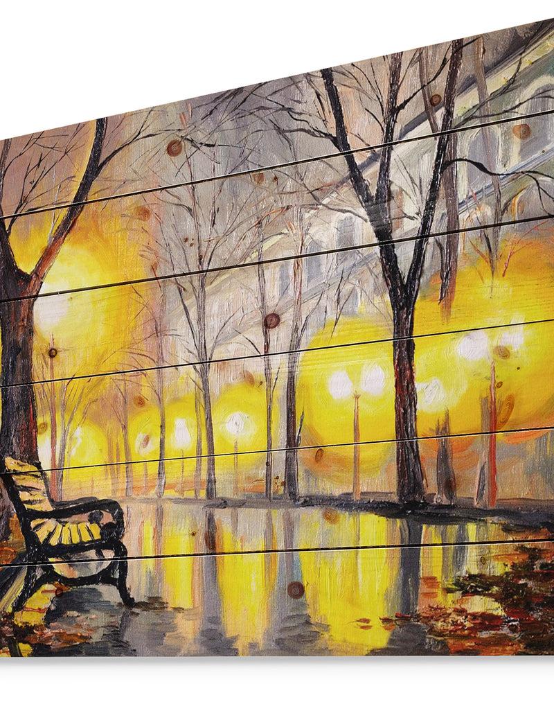 Designq Empty Autumn Street - Landscape Print On Natural Pine Wood