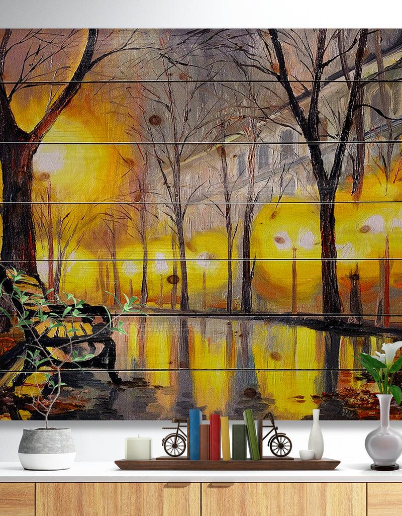 designq Empty Autumn Street - Landscape Print on Natural Pine Wood