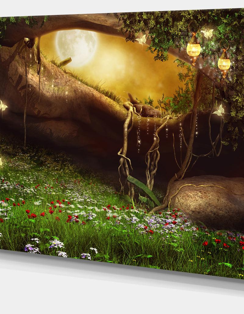 Designq Enchanted Cave With Flowers - Landscape Digital Canvas Print