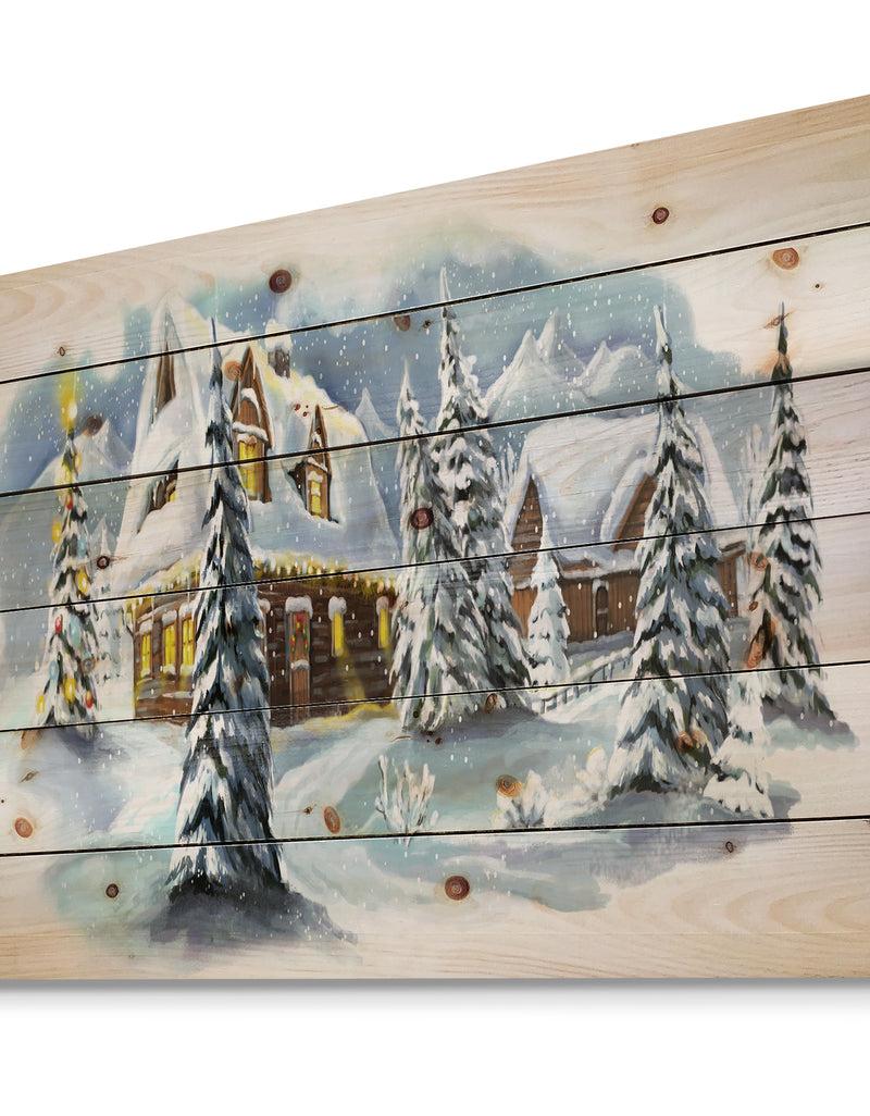 Designq Evening Winter Scene In Mountains With Christmas Tree - Print On Natural Pine Wood