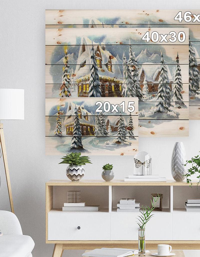 Designq Evening Winter Scene In Mountains With Christmas Tree - Print On Natural Pine Wood